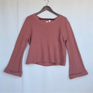 Roxy Y2K Surf Girl Textured Knit Sweater Bell Sleeve Dusty Rose Pink | Size L